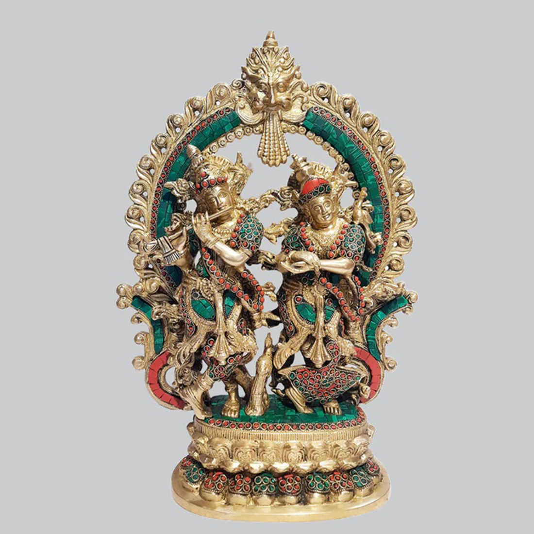 Brass Radha Krishna Standing with Arch Ring Stonework 16 in