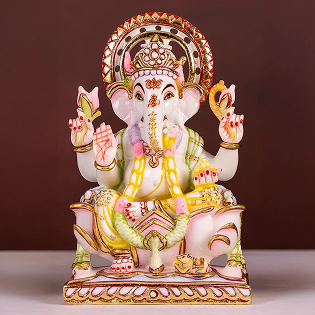Culture Marble Ganesh in Lotus with Gold Plating 9 in