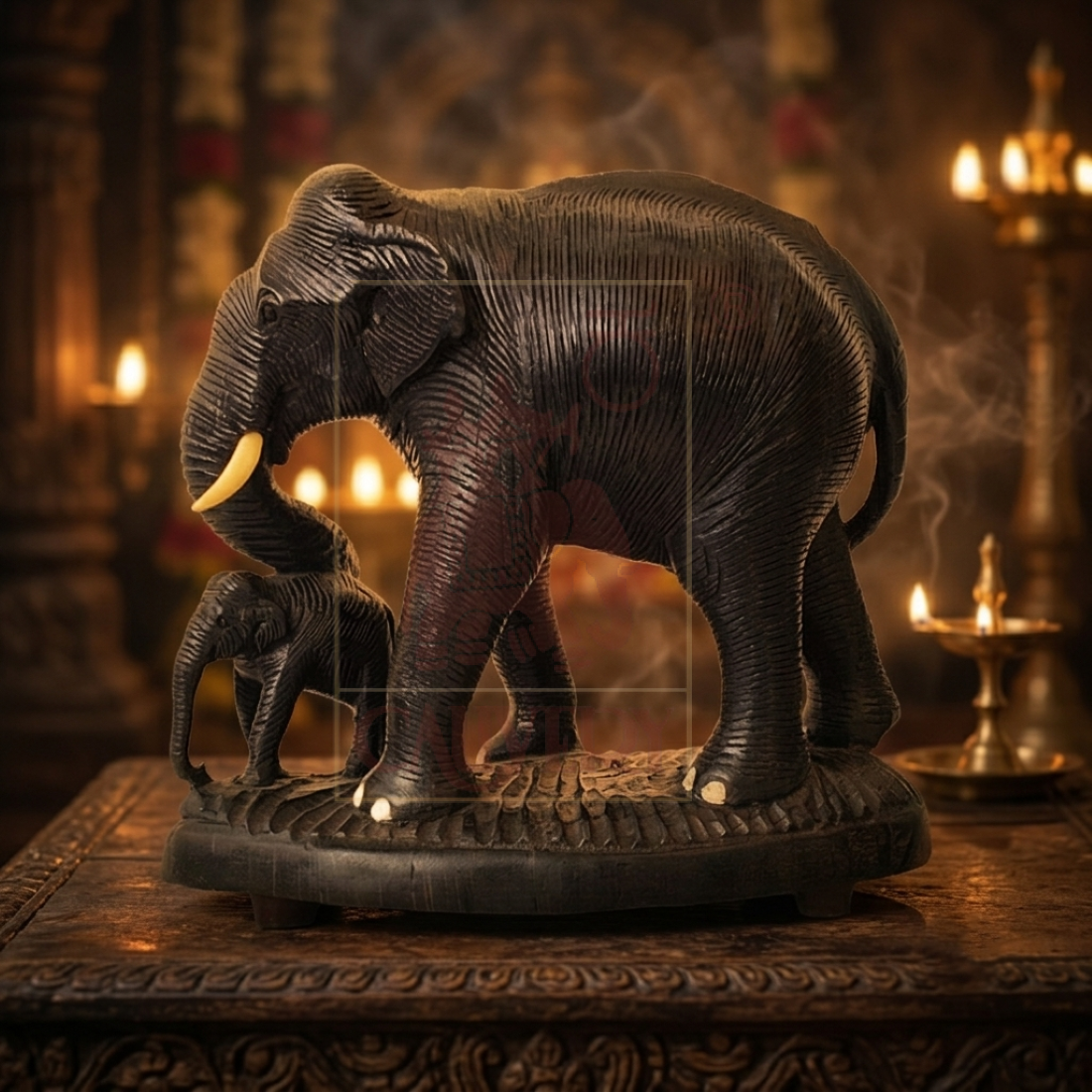 Ebony Wood Skin Elephant Mother & Child 8"
