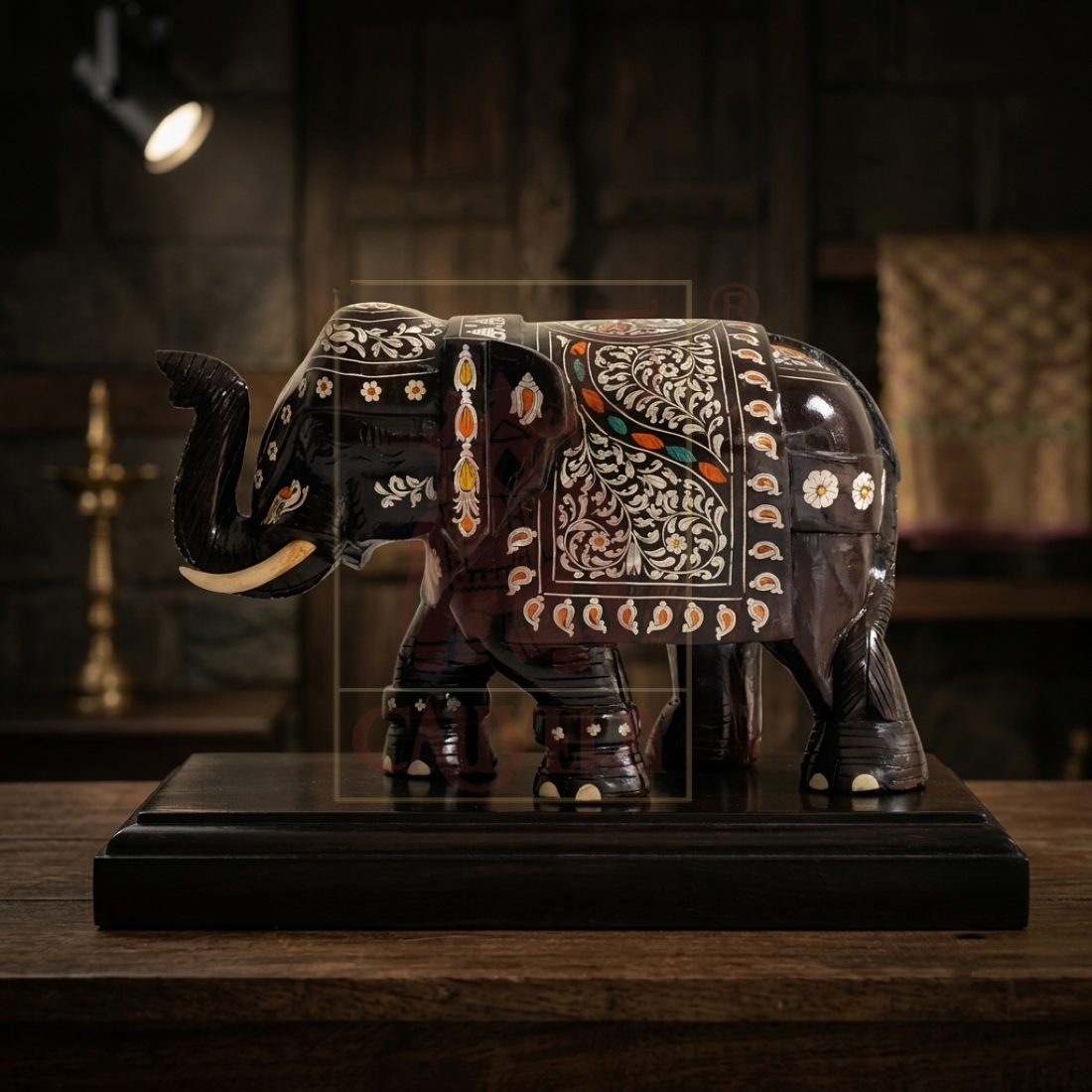 Rosewood Inlay Trunk Up Elephant