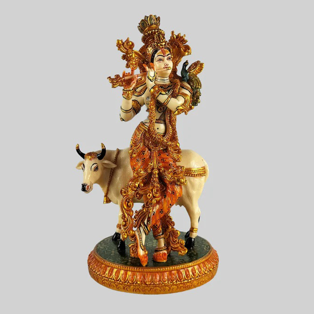 Marble Dust Krishna Standing with Cow 10.5 in