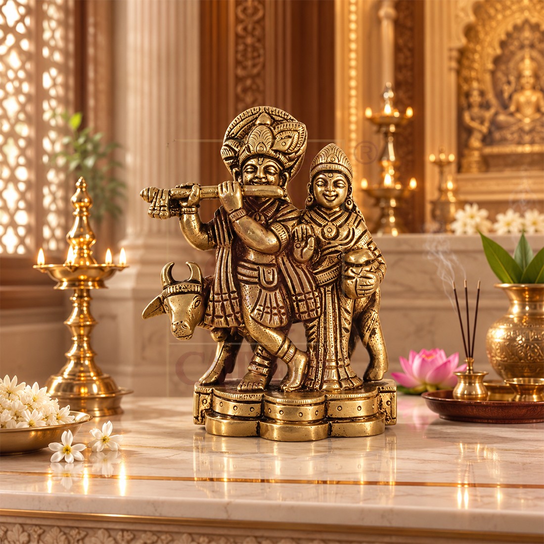 Brass Radha Krishna Cow 3.2"
