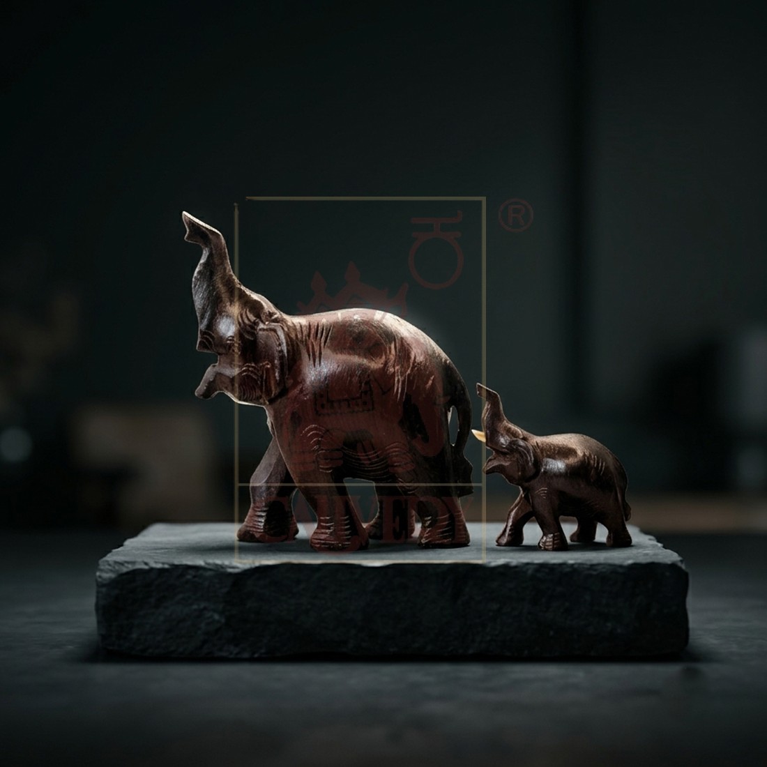 Rosewood Trunk Up Elephant with Baby 3"