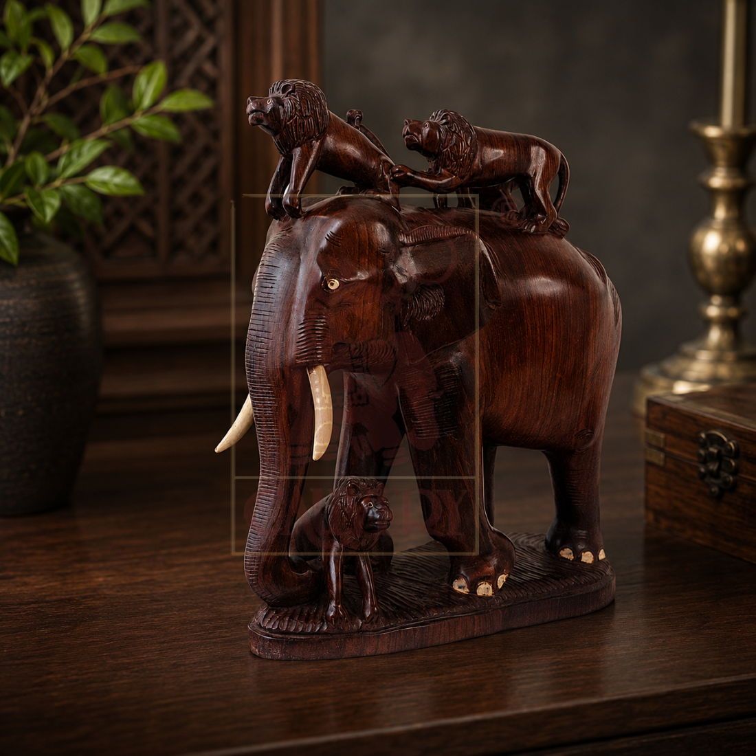 Rosewood Elephant & 4 Lion 18"