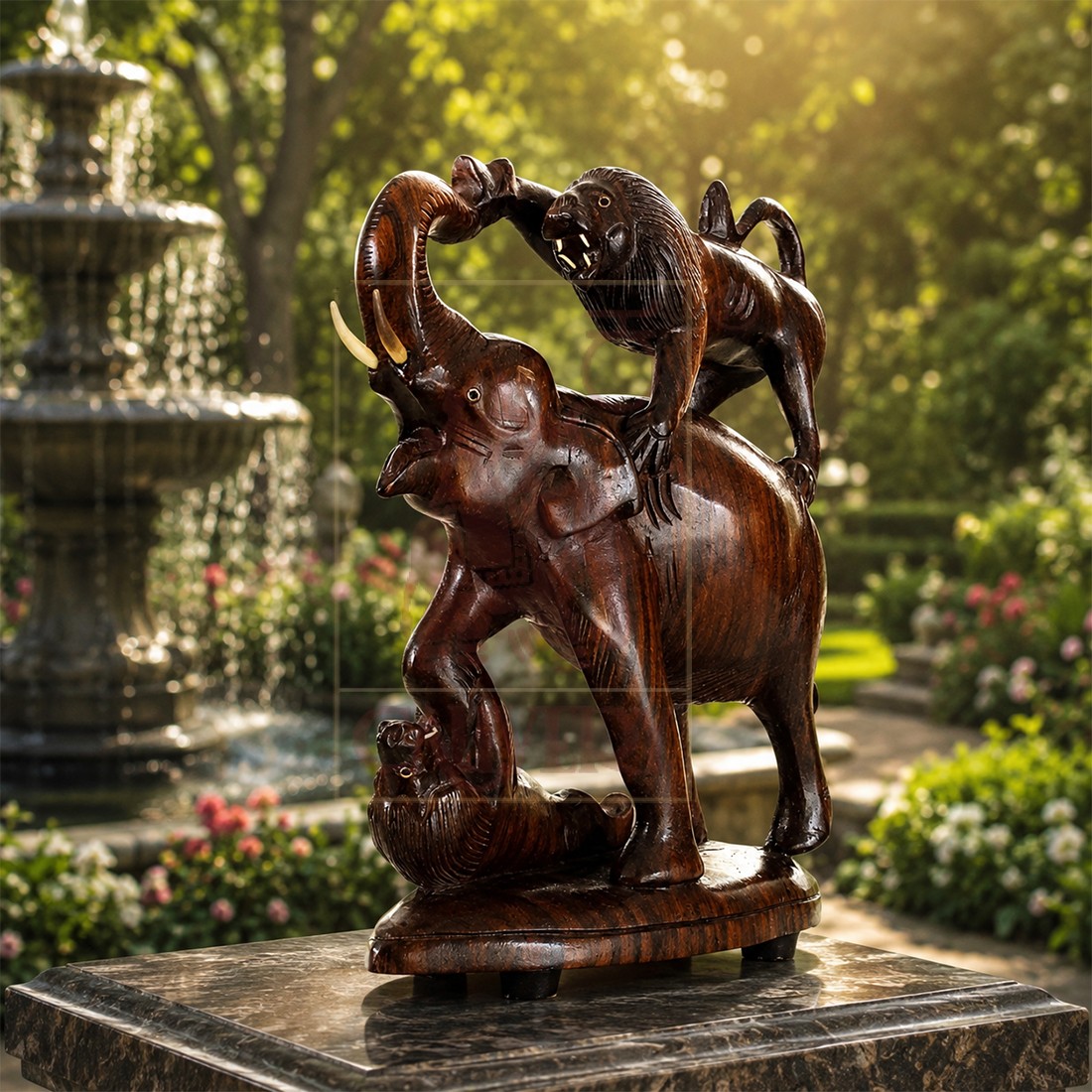 Rosewood Elephant Fighting Two Lion Single Piece 10"