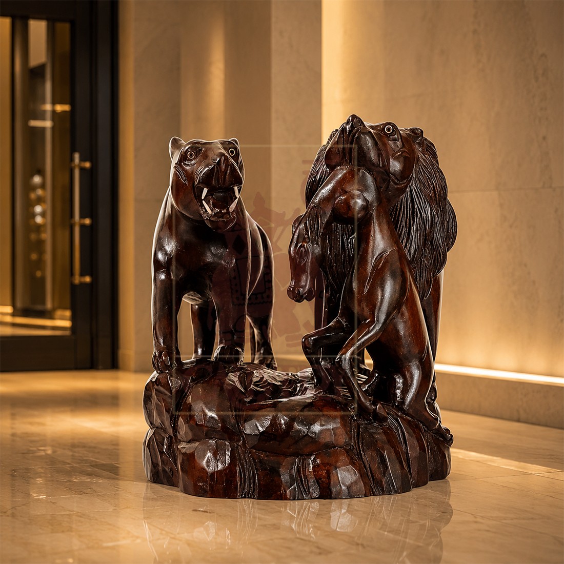 Rosewood Lion & Lioness With Hunted Dear 8" x 9"
