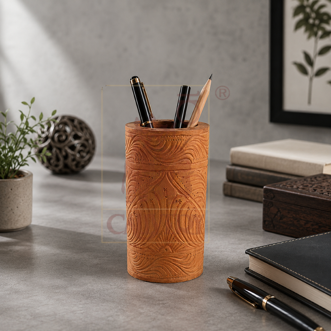 Sandalwood Mysore Ganesha Pencil Vase 3 1/2"