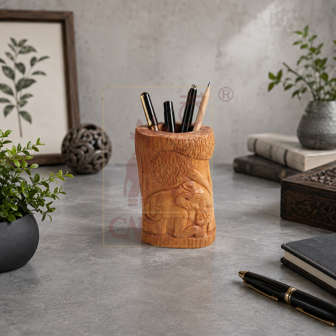 Sandalwood Sitting Elephant Pencil Vase 4"