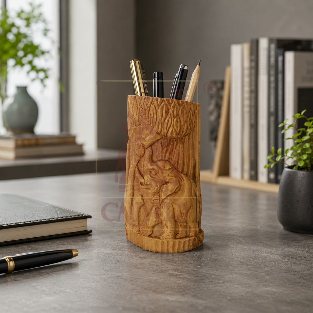 Sandalwood Tree Elephant Pencil Vase Carving 4"